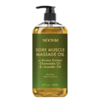 Photo d'une huile de massage pour les pieds avec une étiquette verte