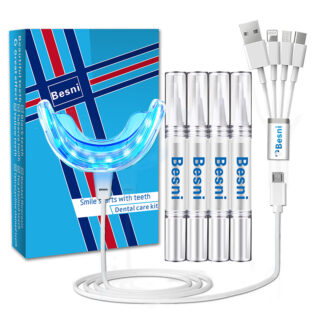 Kit de blanchiment dentaire avec le paquet sur fond blanc.