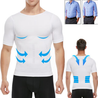 Homme portant un t-shirt correcteur de posture blanc sur fond blanc. On le voit de face et de dos.