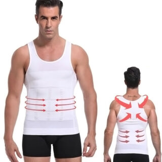 Homme portant un t-shirt sans manches correcteur de posture sur fond blanc.