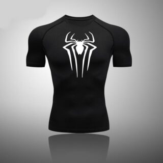 Image du T-shirt de compression noir à manches courtes avec le logo d'une araignée
