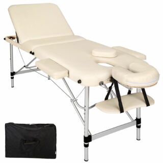 Table de massage blanche pliable avec une mallette noire à côté