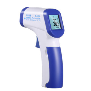 thermomètre blanc et bleu auriculaire infrarouge numérique en forme de pistolet, avec écran LCD affichant 36 C°, sur fond blanc
