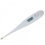 thermomètre blanc avec écran LCS affichant 37.0C°, sur fond blanc