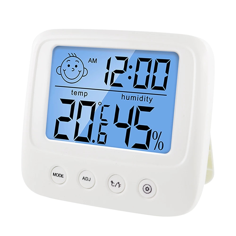 Sur fond blanc, on voit un thermomètre blanc avec un écran bleu, une tête de bébé, une température et un taux d'hygrométrie.