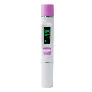 Thermomètre infrarouge numérique, compact, blanc et rose, sur fond blanc