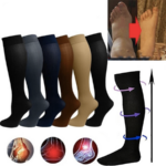 Photo de plusieurs paires de chaussettes de compression montantes avec un dessins de pied avant après et le détails de la compression