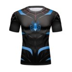 T-shirt compression noir Spider-Man à col rond pour homme à manche courte.
