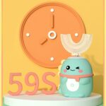 Brosse à dents électrique pour enfant, en forme de petit dinosaure vert qui cligne d'un œil. Sur lequel est fixée une tête en silicone en forme de U.