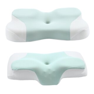 Oreiller ergonomique, rectangulaire, blanc et vert, vu des deux angles.