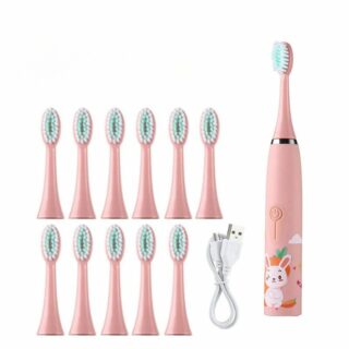Brosse à dents électrique pour enfants, rose avec un dessin de lapin, avec 11 têtes de rechange et un câble de charge.