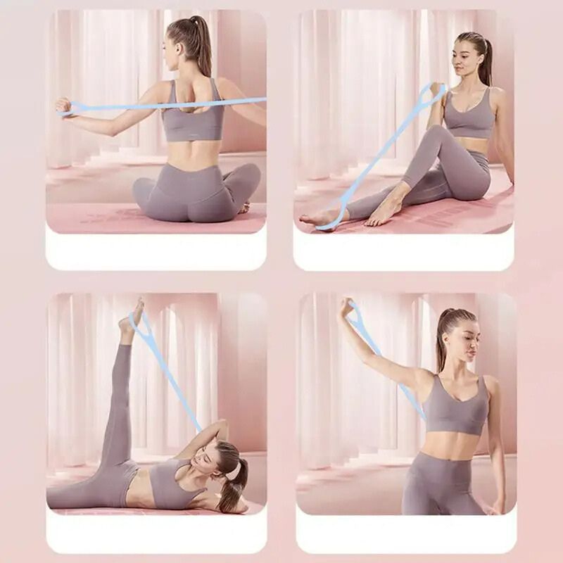 Mannequin en tenue de sport pratiquant des exercices avec un élastique de résistance bleu clair. On voit 4 petites photos de pratiques différentes.