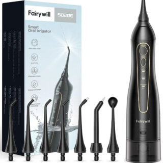 Irrigateur buccal portable et étanche ici sur un fond blanc avec sept embouts.