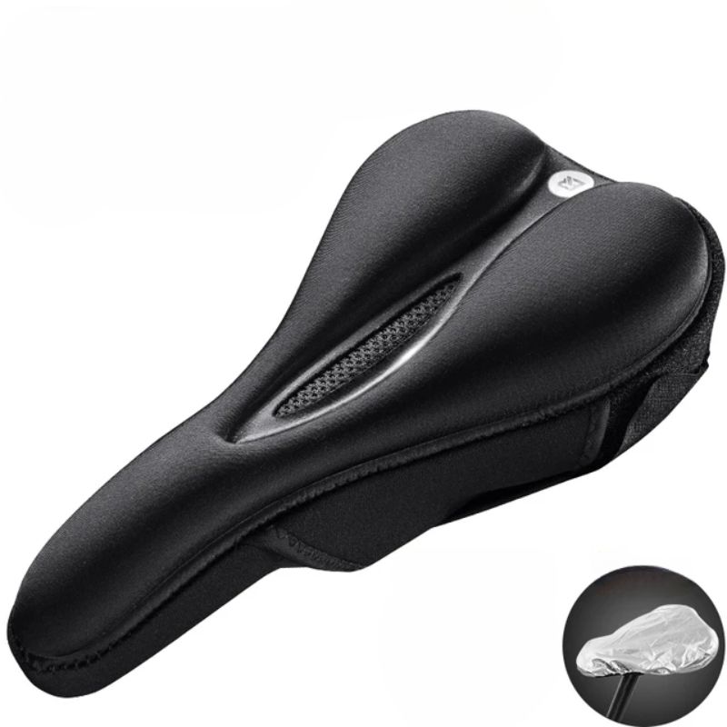 Housse selle vélo anti douleur creuse et sophistiquée sur fond blanc avec la housse de pluie