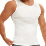 T shirt correcteur de posture sans manche de compression respirant, de couleur blanc sur un fond blanc.