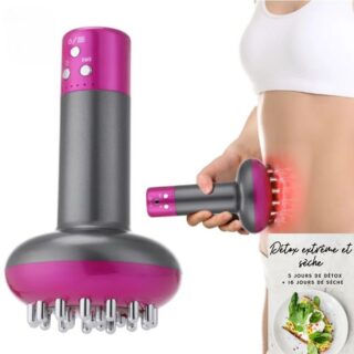 Brosse de massage anticellulite au design moderne sur fond blanc avec une femme à droite + ebook détox