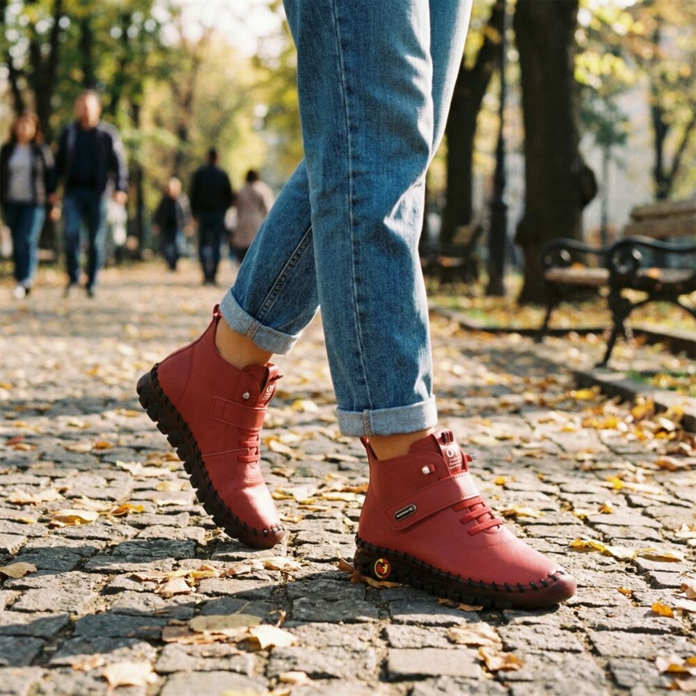 Paire de chaussures bottines orthopédiques rouges à lacets pour femme 2
